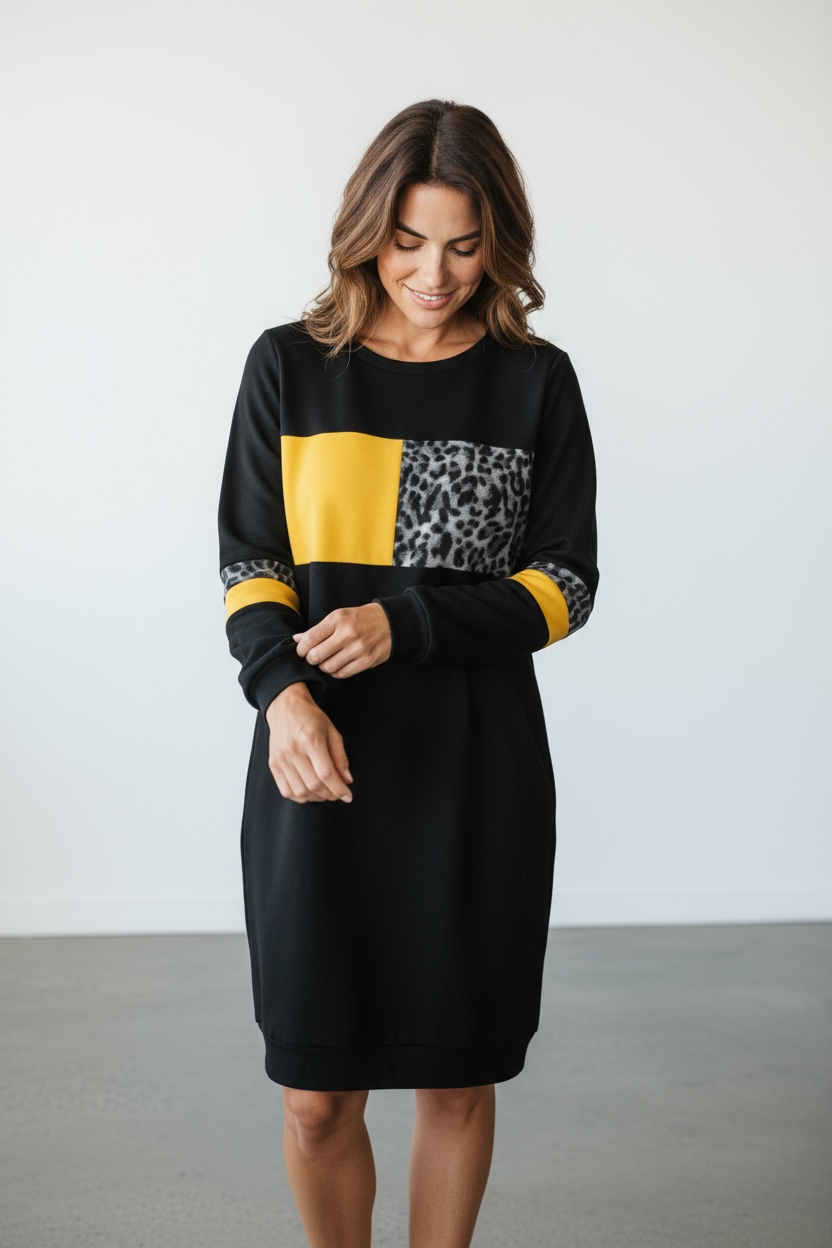 Crna duks haljina sa leopard i oker detaljima