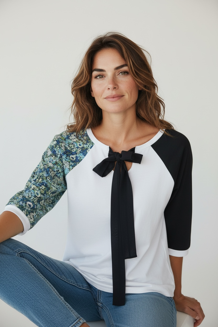 Majica sa različitim rukavima i mašnom na vezivanje