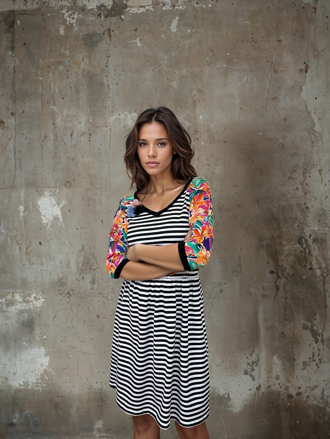 Prugasta haljina sa cvetnim rukavima